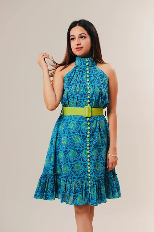 Myra Printed Halter Neck Dress With Belt